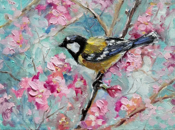 ToF Behang bloemen vogels schilderij koolmees te midden van bloemen