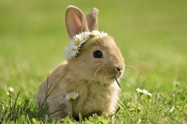 ToF Behang konijn met madeliefjes om oren in gras