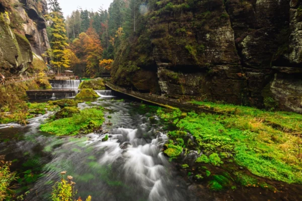 ToF Fotobehang landschap Kamenice rivier, Tsjechië