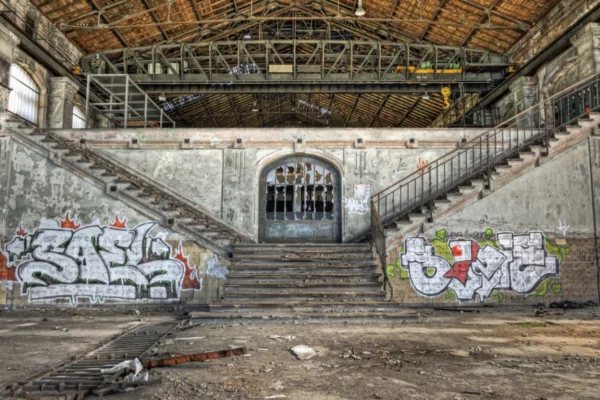 ToF Fotobehang industrieel verlaten hal met vervallen trappen