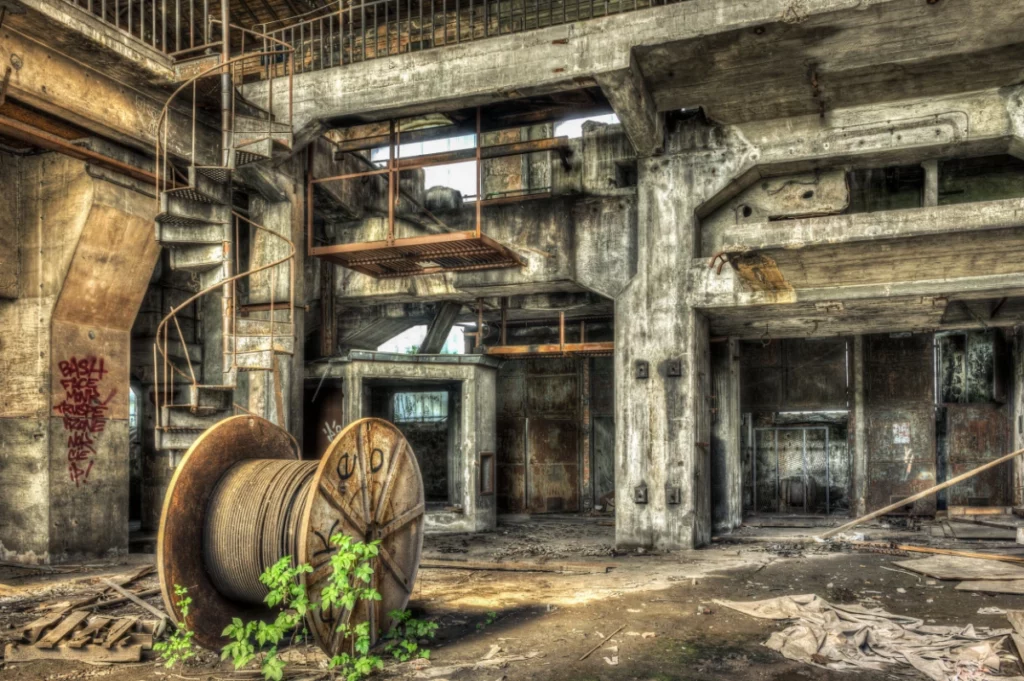 ToF Fotobehang industrieel roestige kabeltrommel in verlaten kolenmijn