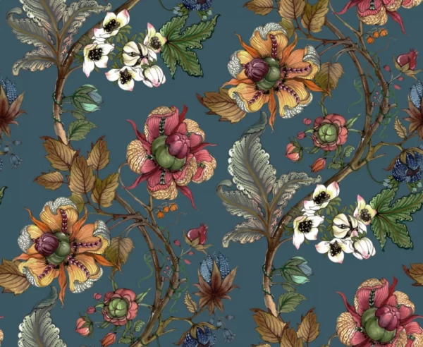 ToF Behang vintage bloemenprint donkerblauw