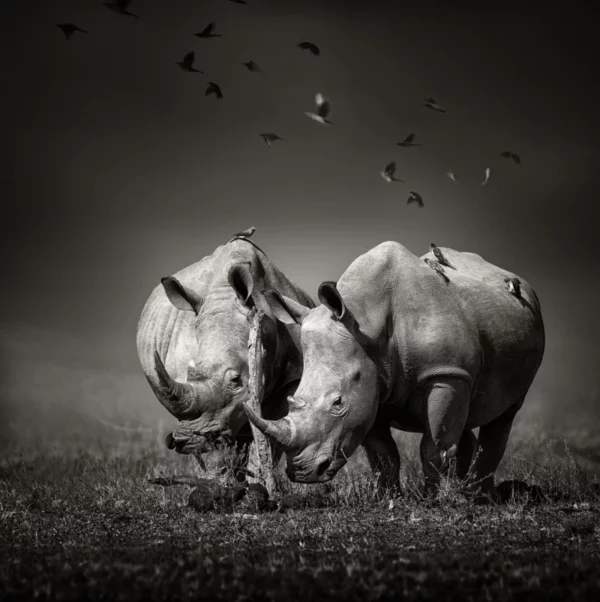 ToF Behang zwart-wit twee neushoorns met in de lucht vogels